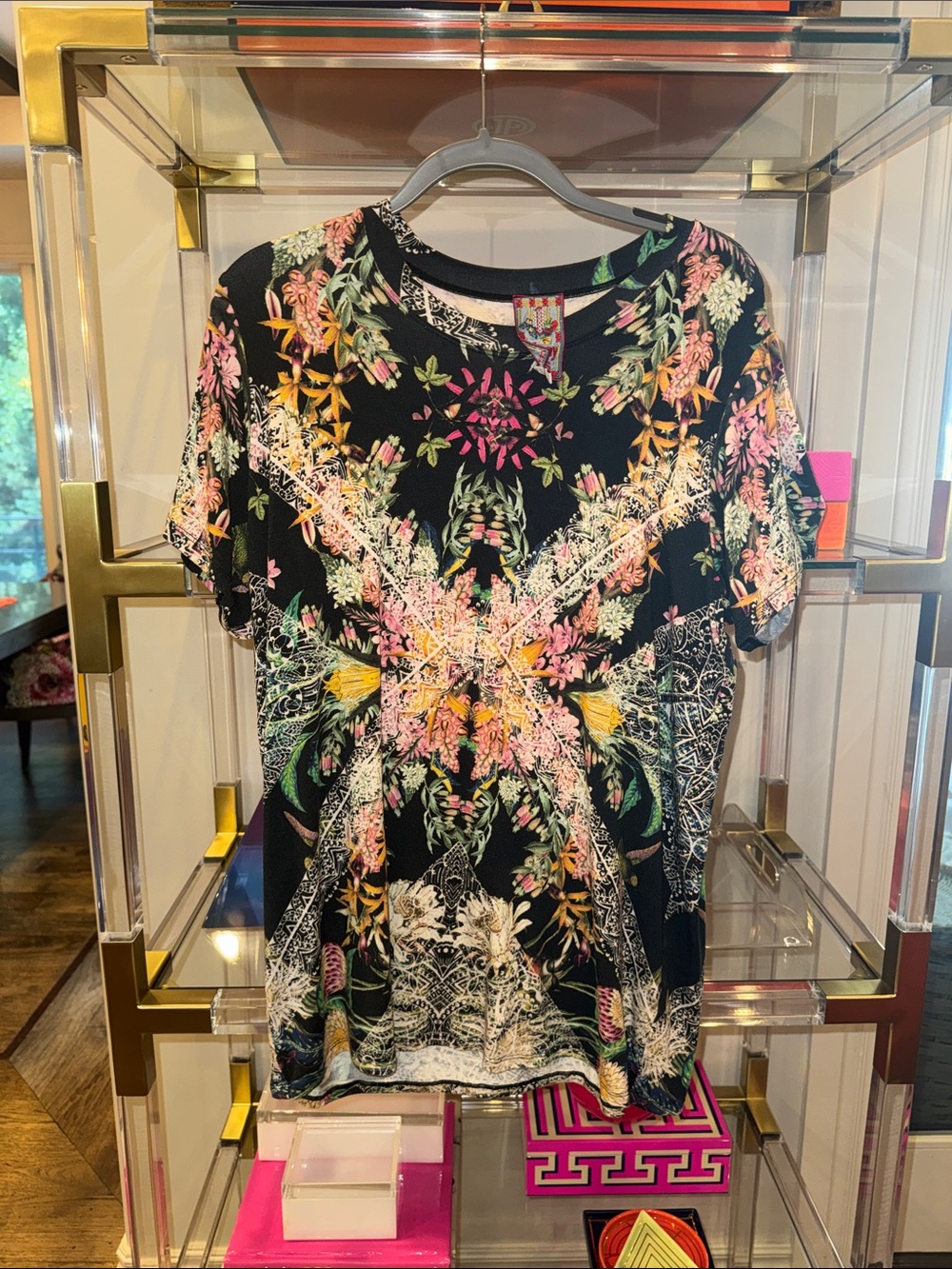 Johnny Was Black Floral Short Sleeve Tee with Pink & Yellow Accents